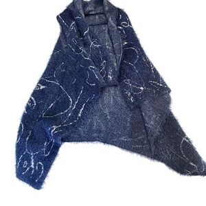 Blue Knit Cardigan Shrug Open Front Fuzzy‎ Abstract Cozy Sweater Vest